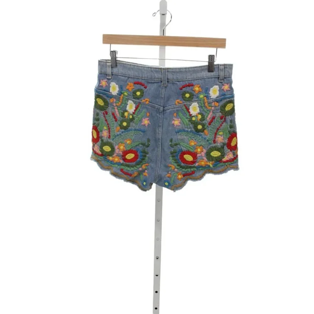 Farm Rio Womens Cut-Off Floral Cotton Shorts Blue Button Size M